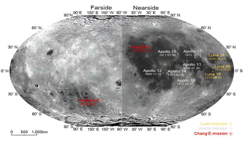 The Topographic Map illustrates the landing sites of the Chang'E Missions, Apollo Missions, and Luna Missions. Credit: NAOC Chinese scientists analyze first lunar farside samples collected from the other half of the moon