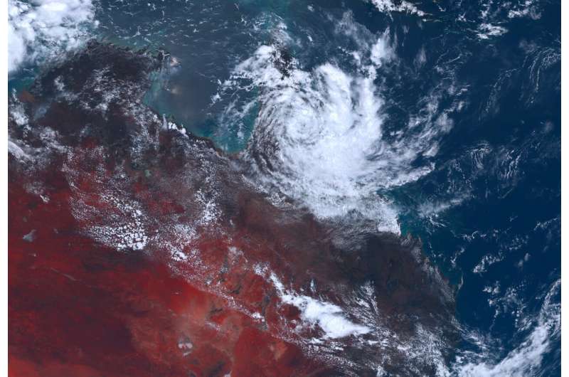 Himawari-8 satellite image (valid 14/12/2023 12h00) of Tropical Cyclone Jasper after making landfall over Far North Queensland. Credit: Japan Meteorological Agency, Himawari-8 Climate extremes in Australia: new report analyses major events of 2023
