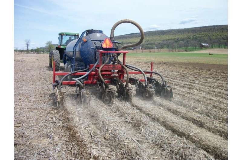 Dairy farms—especially in the Northeast—are increasingly subject to more stringent regulations to reduce nutrient losses. With expected warmer conditions that will result in increased ammonia volatilization from manure and more frequent and more severe storms that will cause more soluble phosphorus runoff, new strategies such as manure injection (shown) are needed to limit nitrogen and phosphorus losses from crop fields. Credit: Robert Meinen Dairy farmers can adapt to climate change