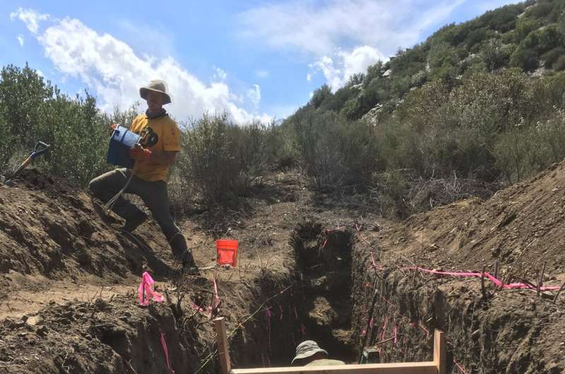 The study involved digging a trench 15 meters long and up to 3 meters deep into the San Gabriel mountains. Credit: Alba Rodriguez Padilla Evidence for shared earthquakes between San Andreas and san Jacinto faults