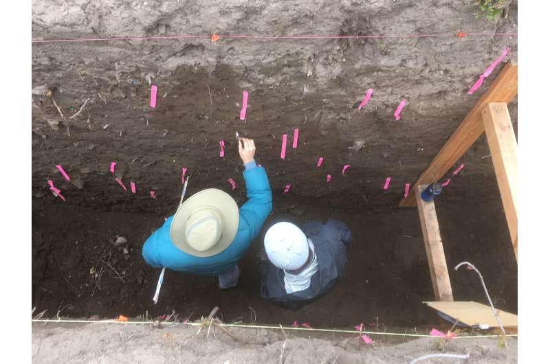 A small fault lying between the San Andreas and San Jacinto faults provides evidence for past earthquakes that involved both major faults. Geologists Tom Rockwell (San Diego State) and Michael Oskin (UC Davis) work in a trench into the fault. Credit: Alba Rodriguez Padilla Evidence for shared earthquakes between San Andreas and san Jacinto faults