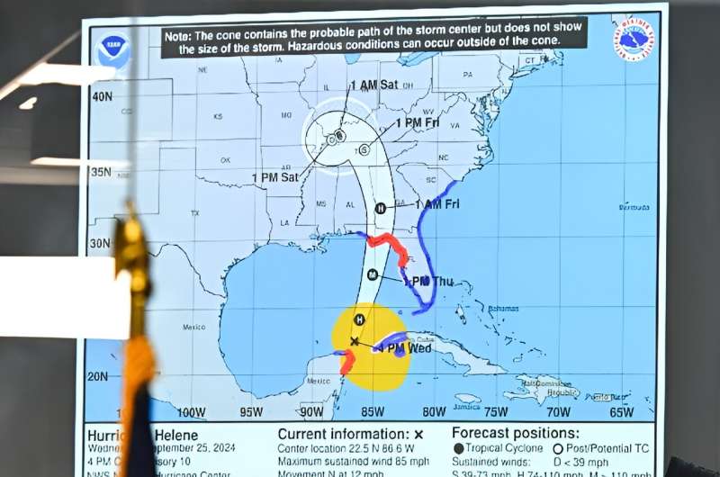 Florida Governor Ron DeSantis speaks during a press conference in Tallahassee, Florida as Hurricane Helene was set to slam into the Florida coast as a &quot;catastrophic&quot; major storm