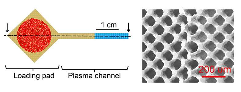 The layout of the filter and a close-up of the surface detail. Clotted blood cells are indicated in red. Plasma filling up the channel is indicated in yellow. And the blue section indicates the empty remainder of the channel as the plasma fills it in. Credit: KTH Royal Institute of Technology New test strip preserves clues that blood tests often miss
